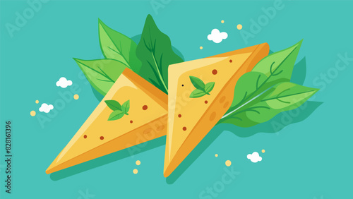 Light and crispy spinach and feta phyllo triangles served warm and dusted with a sprinkle of oregano.. Vector illustration