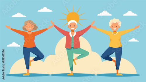 The sunlight catches the sparkle in their eyes as the seniors perform a series of balancing poses their bodies strong and steady.. Vector illustration