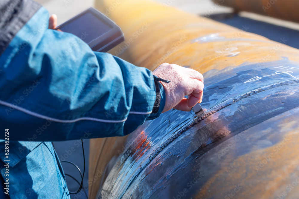 Inspector is testing to weld of pipe with ultrasonic test method ...