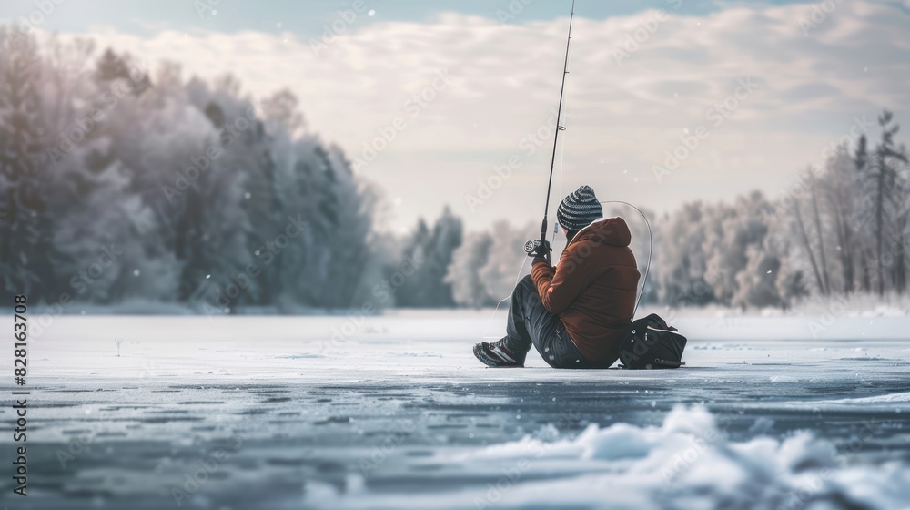 Naklejka premium A man is consciously fishing on a frozen lake.