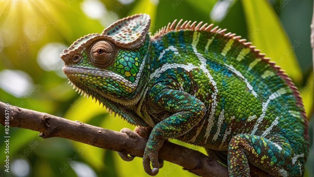 Colorful Chameleon Resting on a Sunlit Branch in Tropical Forest Colorful Chameleon Resting on a Sunlit Branch in Tropical Forest