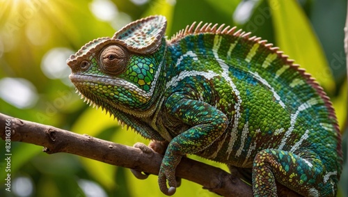 Colorful Chameleon Resting on a Sunlit Branch in Tropical Forest © zhia studio