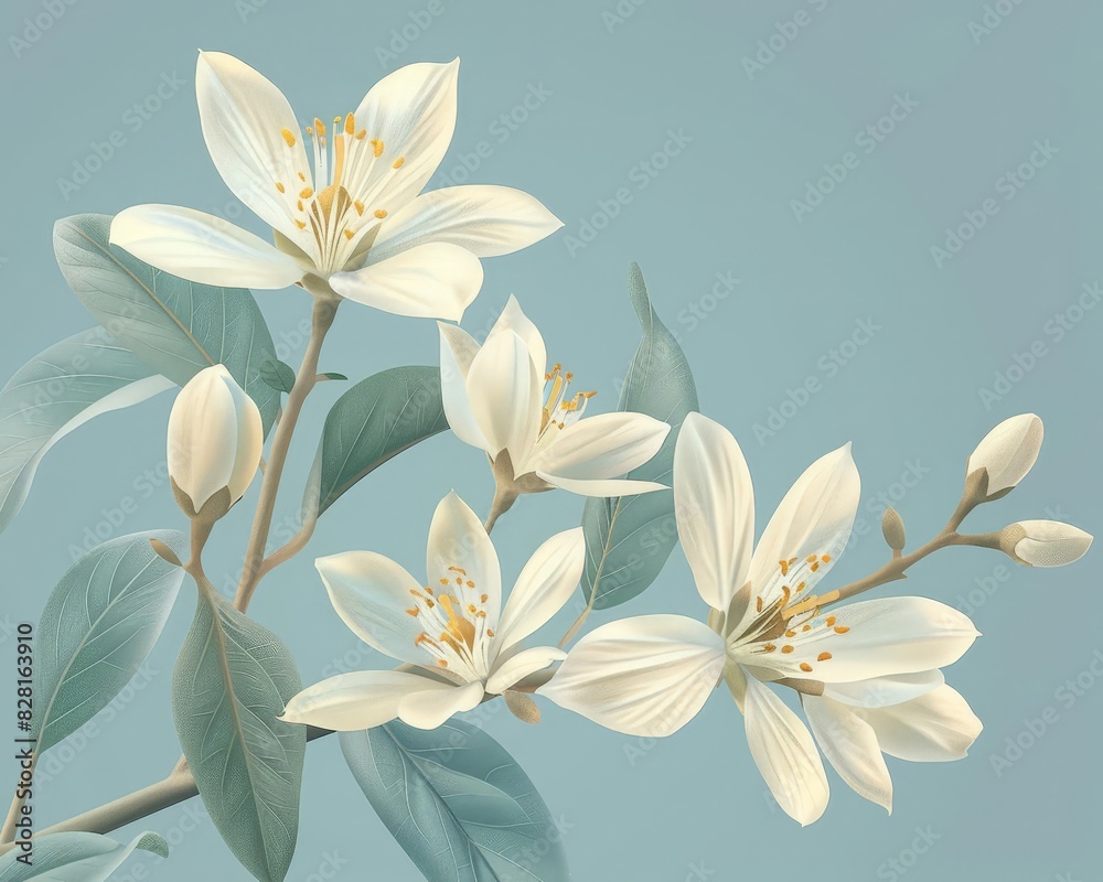 Elegant illustration of white flowers with soft green leaves on a light blue background, perfect for nature-themed designs. Elegant illustration of white flowers with soft green leaves on a light blue background, perfect for nature-themed designs.