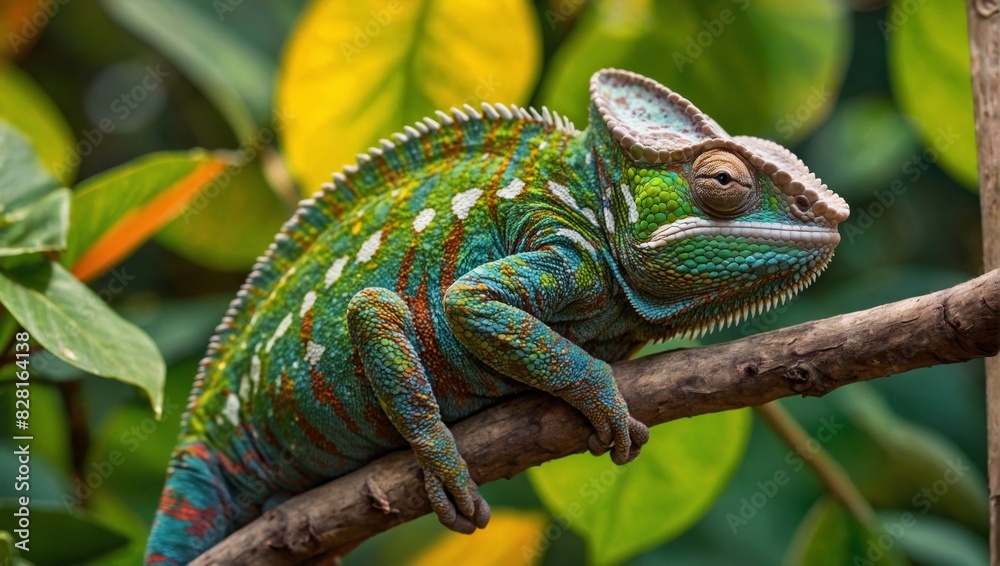 Colorful Chameleon Resting on a Sunlit Branch in Tropical Forest Colorful Chameleon Resting on a Sunlit Branch in Tropical Forest