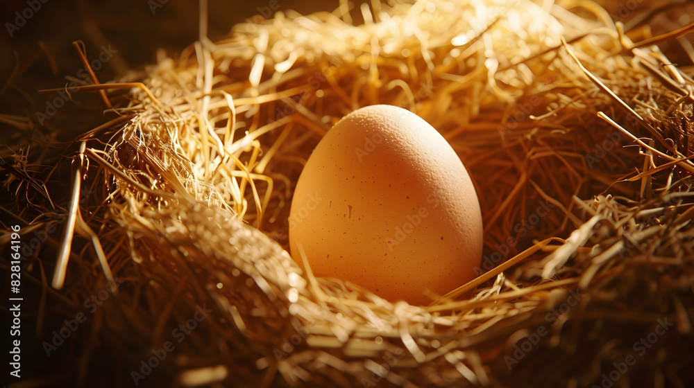 Studio shot of a freshly laid egg in a nest of straw, with light creating intricate shadows and emphasizing the egg's smooth surface. Studio shot of a freshly laid egg in a nest of straw, with light creating intricate shadows and emphasizing the egg's smooth surface.