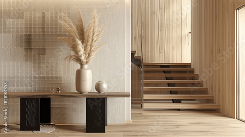 Modern wooden interior hallway with decorative vases and staircase