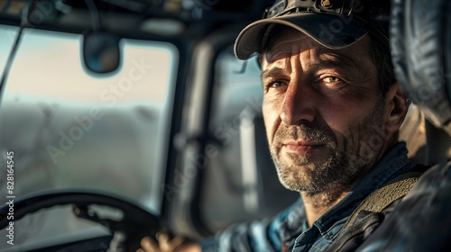 Portrait of a farmer driving a tractor, with light and shadow highlighting their focused expression and the machinery.