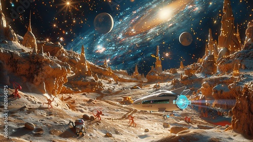 Fototapeta Naklejka Na Ścianę i Meble -  A captivating 3D background of a star-studded galaxy, with a futuristic spaceship cruising by, surrounded by playful aliens and the moon casting a gentle glow over the landscape.