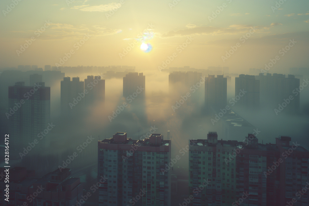Fototapeta premium Foggy city skyline with a sun in the sky