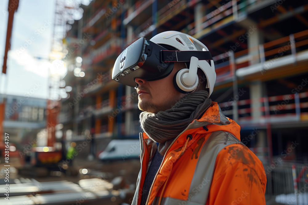 A man in an orange jacket and a white helmet is wearing a virtual reality headset. He is standing in front of a building A man in an orange jacket and a white helmet is wearing a virtual reality headset. He is standing in front of a building
