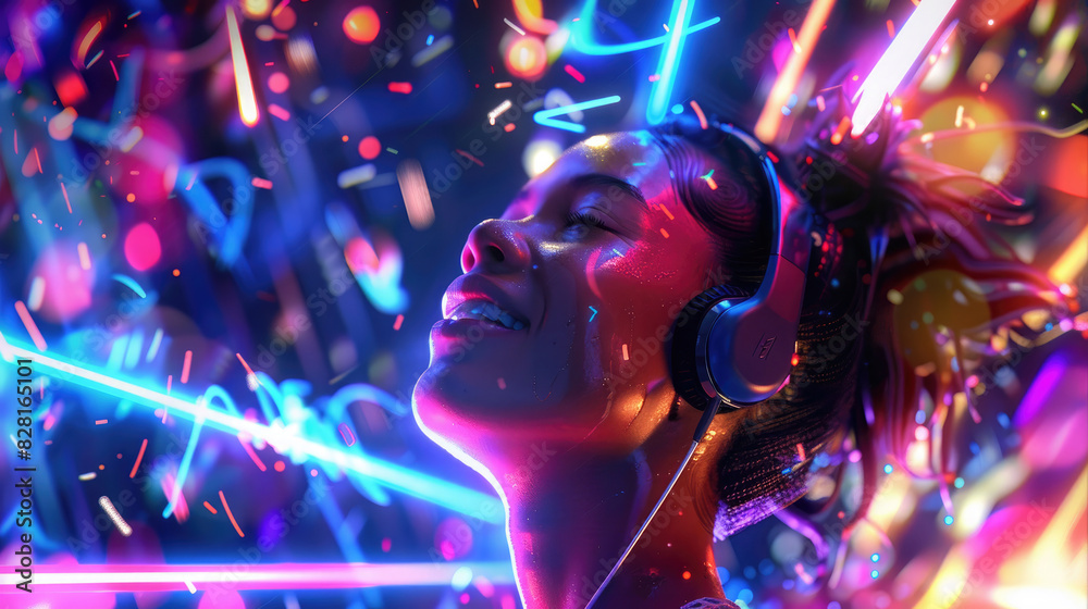 Beautiful young party dance woman face with various colors and lights with deep house disco music night blend gradient violet pink purple background created with Generative AI Technology