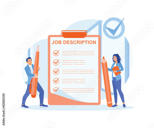 The company establishes job duties and responsibilities. Candidates are looking for the right position. Job Description concept. Flat vector illustration.