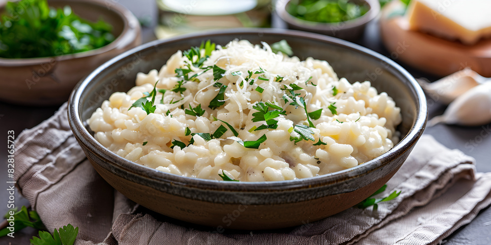 Creamy Parmesan Risotto with Fresh Herbs, A ceramic bowl filled with steaming white rice, Instant Japanese rice porridge made from dried food Creamy Parmesan Risotto with Fresh Herbs, A ceramic bowl filled with steaming white rice, Instant Japanese rice porridge made from dried food