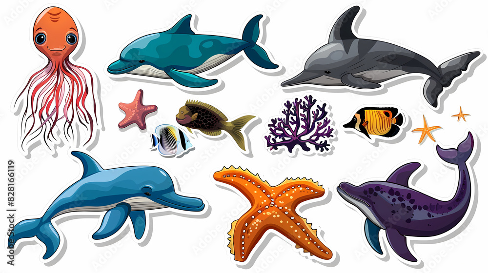 Set of Sea Animals on a White Canvas Sticker,vector image