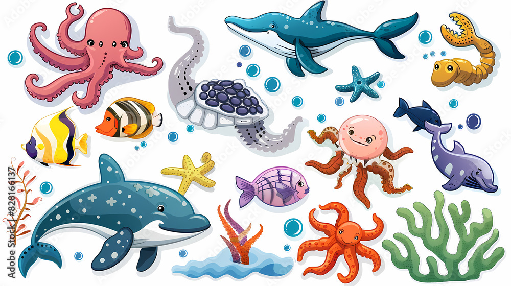 Fototapeta premium Set of Sea Animals on a White Canvas Sticker,vector image