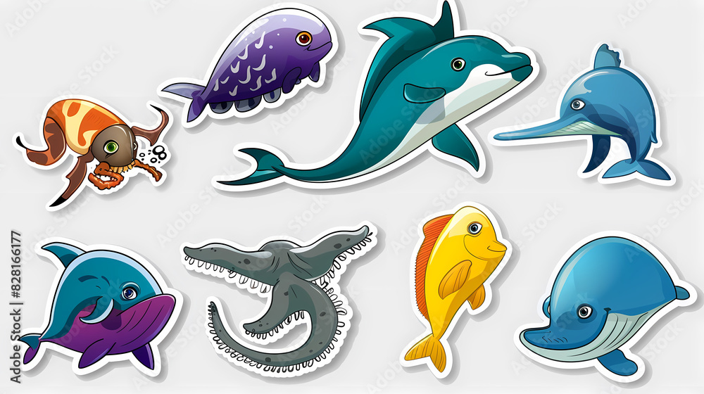 Set of Sea Animals on a White Canvas Sticker,vector image Set of Sea Animals on a White Canvas Sticker,vector image