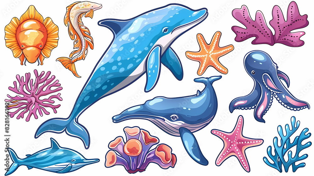 Set of Sea Animals on a White Canvas Sticker,vector image Set of Sea Animals on a White Canvas Sticker,vector image