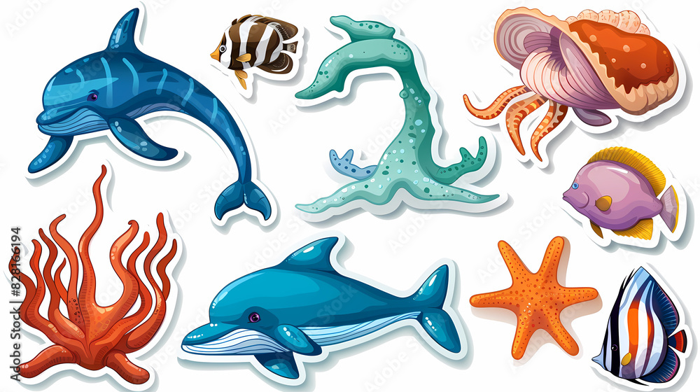 Set of Sea Animals on a White Canvas Sticker,vector image Set of Sea Animals on a White Canvas Sticker,vector image