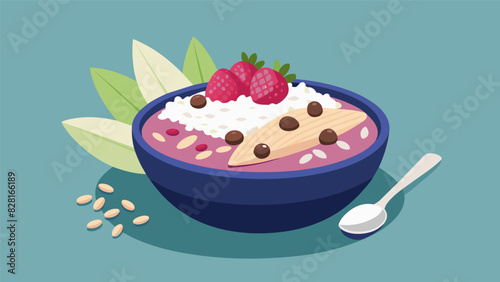 A protein smoothie bowl made with frozen berries almond milk and vanilla protein powder topped with sliced almonds and shredded coconut for a. Vector illustration