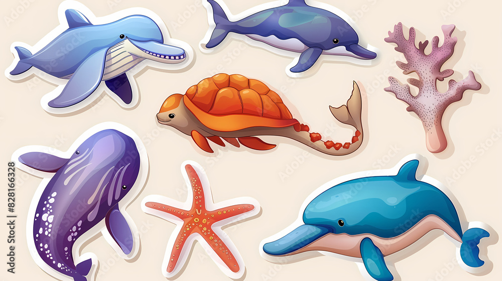 Set of Sea Animals on a White Canvas Sticker,vector image Set of Sea Animals on a White Canvas Sticker,vector image