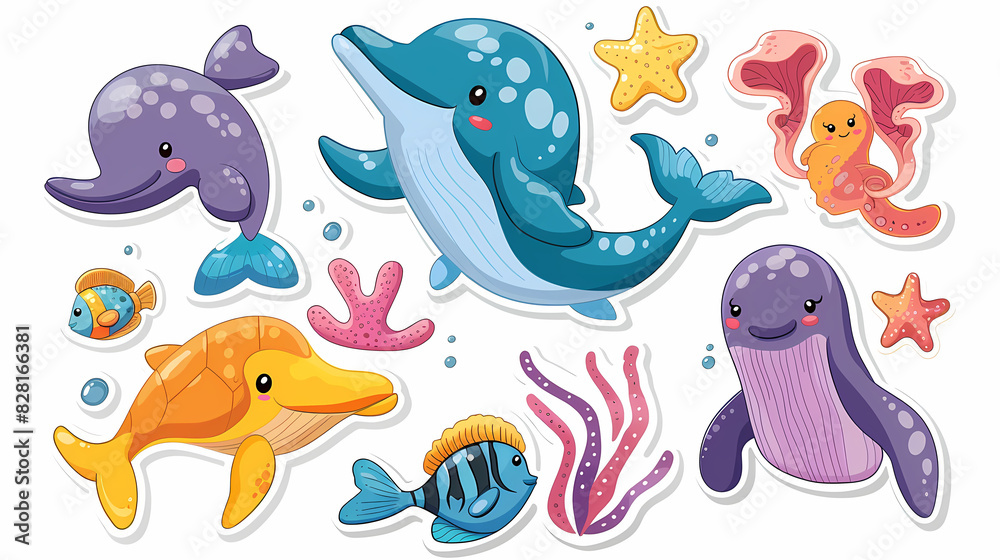 Set of Sea Animals on a White Canvas Sticker,vector image