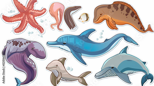 Set of Sea Animals on a White Canvas Sticker,vector image photo