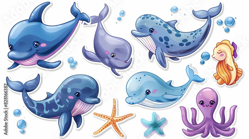 Set of Sea Animals on a White Canvas Sticker,vector image photo