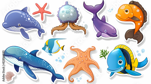 Set of Sea Animals on a White Canvas Sticker,vector image photo