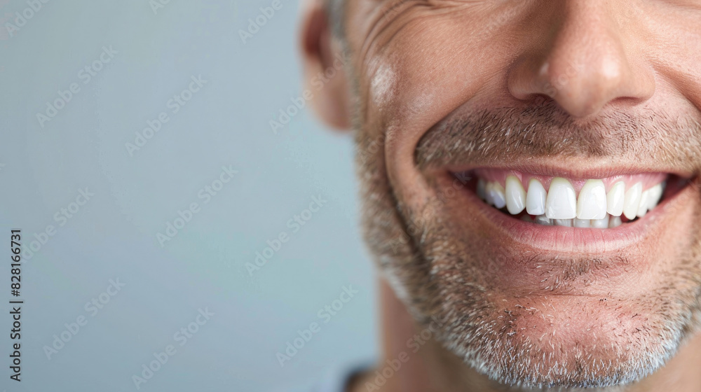 Naklejka premium happy smiling closeup face of middle-aged man male with Healthy white teeth and his mustache beard seen from the side