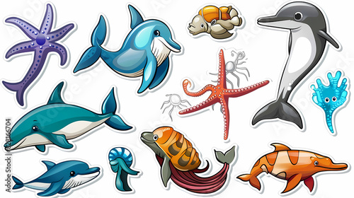 Set of Sea Animals on a White Canvas Sticker,vector image © ak159715