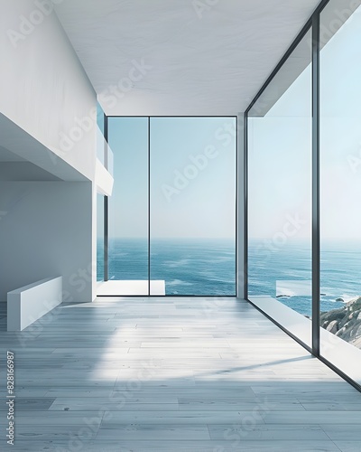 A large wall in a modern interior  with floor-to-ceiling windows overlooking the ocean