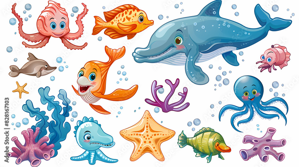 Set of Sea Animals on a White Canvas Sticker,vector image