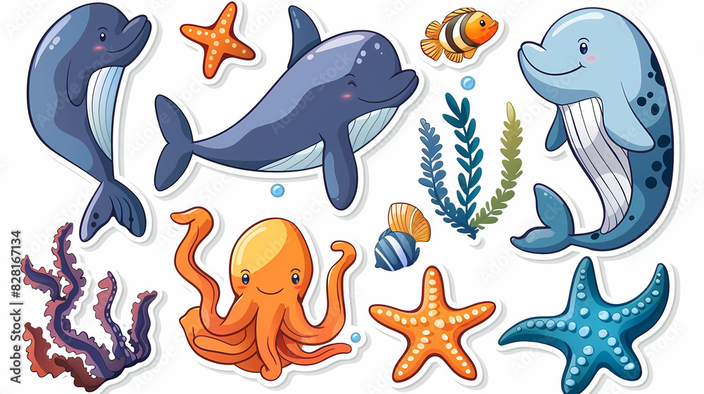 Set of Sea Animals on a White Canvas Sticker,vector image Set of Sea Animals on a White Canvas Sticker,vector image