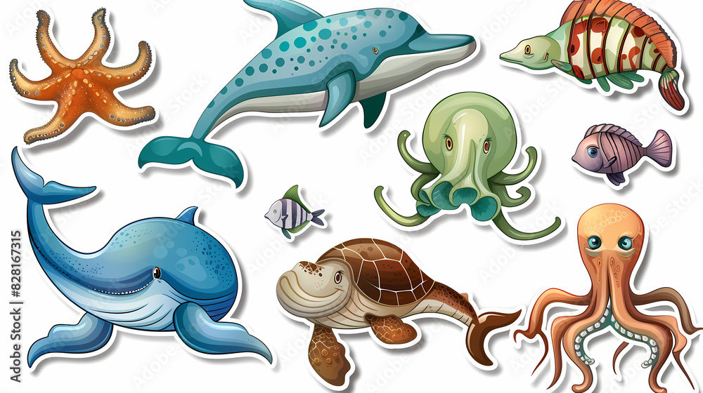 Fototapeta premium Set of Sea Animals on a White Canvas Sticker,vector image