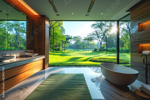 Minimalist contemporary bathroom of a villa hotel by grassland