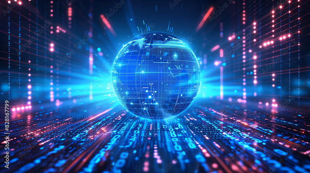 A blue sphere with a red and orange border is surrounded by a pattern of red, blue, and white lines. Concept of technology and innovation, with the sphere representing a futuristic object or idea A blue sphere with a red and orange border is surrounded by a pattern of red, blue, and white lines. Concept of technology and innovation, with the sphere representing a futuristic object or idea