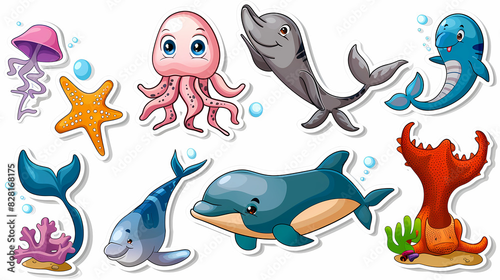 Set of Sea Animals on a White Canvas Sticker,vector image Set of Sea Animals on a White Canvas Sticker,vector image