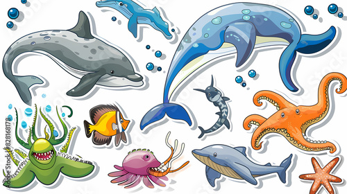 Set of Sea Animals on a White Canvas Sticker,vector image