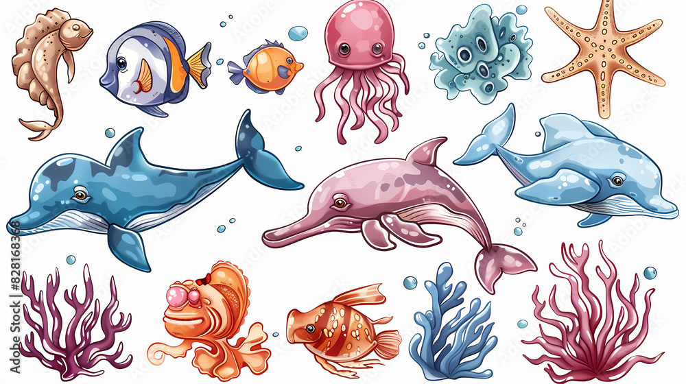 Set of Sea Animals on a White Canvas Sticker,vector image Set of Sea Animals on a White Canvas Sticker,vector image