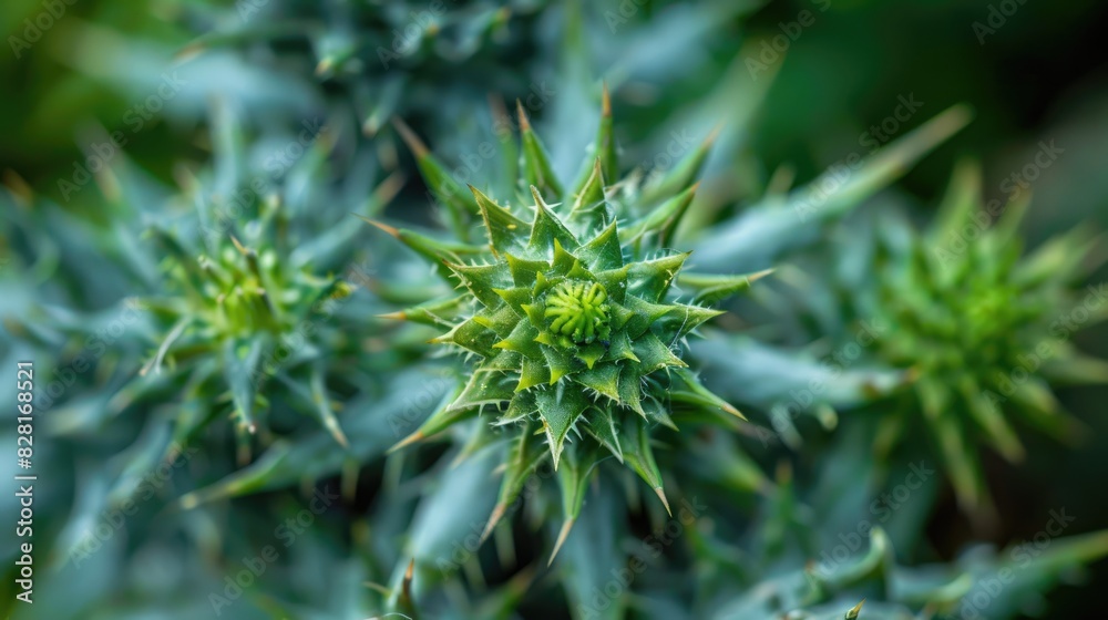 Detailed close up view of a spiky green shrub