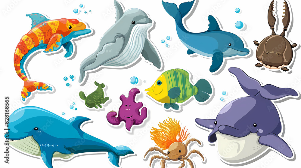 Set of Sea Animals on a White Canvas Sticker,vector image Set of Sea Animals on a White Canvas Sticker,vector image