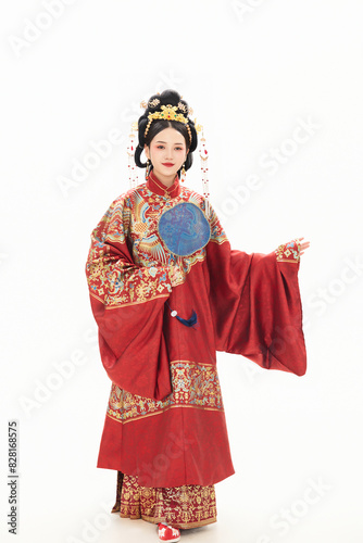 A woman wearing ancient Chinese clothing against a white background.