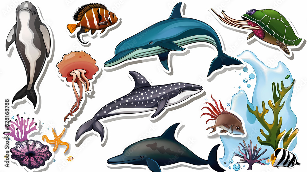 Set of Sea Animals on a White Canvas Sticker,vector image