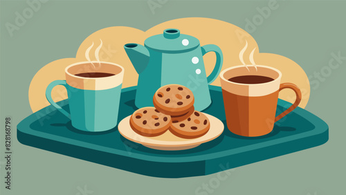 A quaint coffee break with vintage coffee mugs and a tray of freshbaked cookies.. Vector illustration