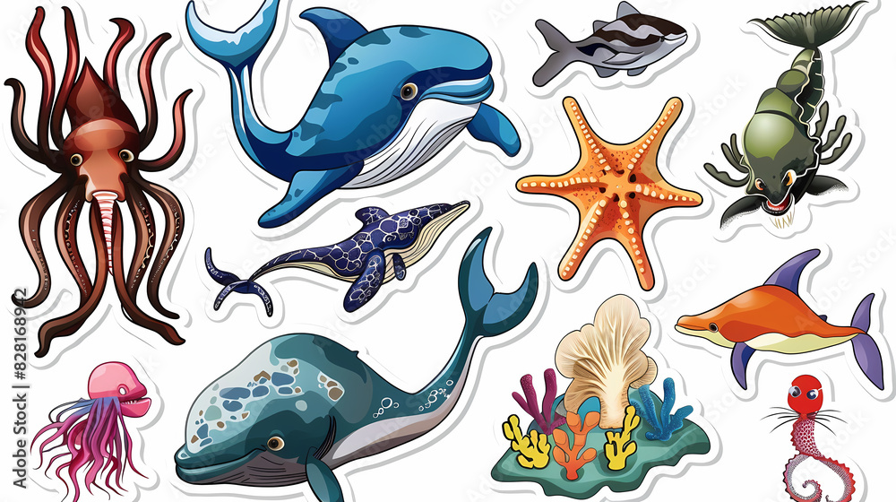 Fototapeta premium Set of Sea Animals on a White Canvas Sticker,vector image
