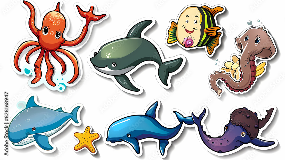 Naklejka premium Set of Sea Animals on a White Canvas Sticker,vector image