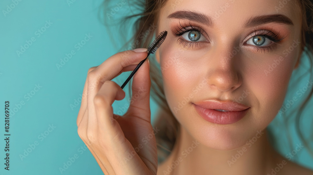 close-up face of beautiful young woman applying mascara eyebrow makeup cosmetics with beauty brush on plain background close-up face of beautiful young woman applying mascara eyebrow makeup cosmetics with beauty brush on plain background