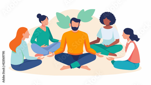 Participants sit in a circle their eyes closed and hands resting on their knees as they share their intentions and set their intentions for the session.. Vector illustration