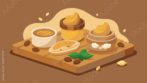 A rustic board filled with an array of creamy and crunchy nut butter options perfect for a cozy night in.. Vector illustration