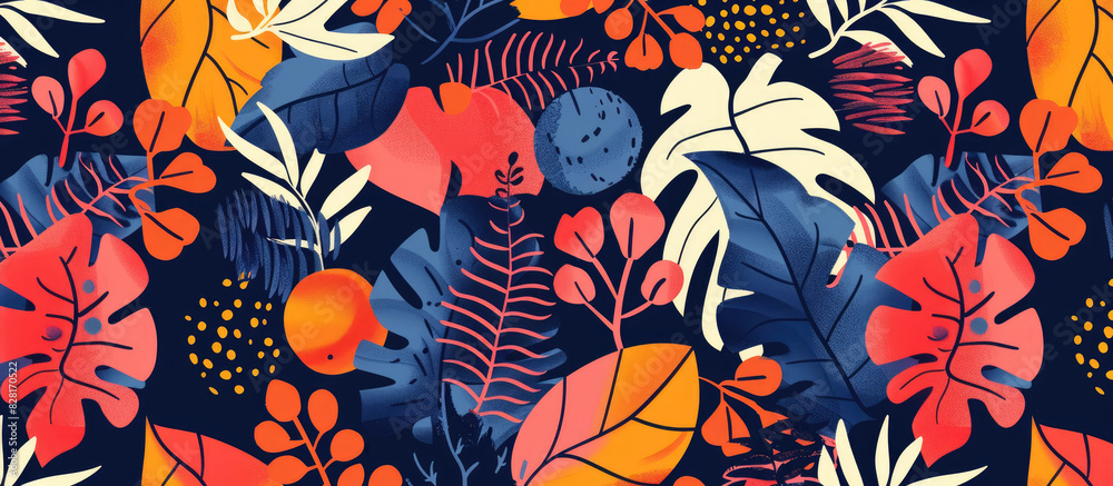 Vibrant pattern featuring stylized tropical leaves and flowers in shades of blue, orange, pink, red, yellow, green and purple on dark background Vibrant pattern featuring stylized tropical leaves and flowers in shades of blue, orange, pink, red, yellow, green and purple on dark background